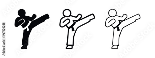 Martial Arts Side Kick Icon Set, Karate Combat Sport Silhouette and Outline for Training Graphics