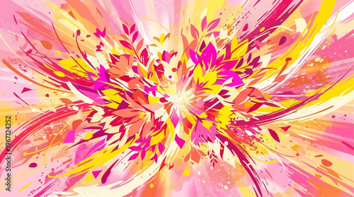 Vibrant abstract floral explosion of pink and yellow hues evoking feelings of joy growth and energetic springtime blossoming with dynamic brushstrokes and radiant light.