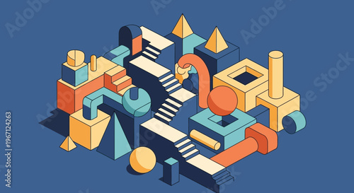 Abstract geometric shapes and structures in isometric view.