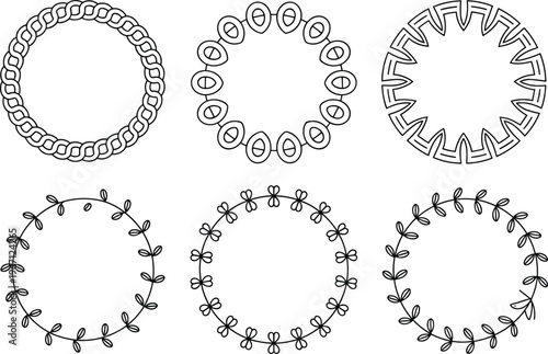 Set of circular line art frames with chain links geometric patterns and hand drawn floral leaf wreaths isolated on white background,
