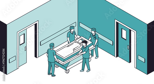 Medical team transports patient on gurney through hospital corridor.