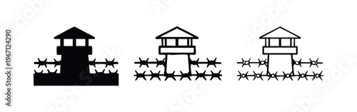 Watchtower with barbed wire icon set. Vector illustration of security, prison, border control, or restriction concept.