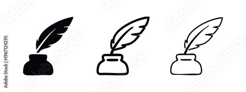 Quill pen and inkwell icon set. Vector illustration of vintage writing instrument symbol in solid, outline, and hand-drawn styles.
