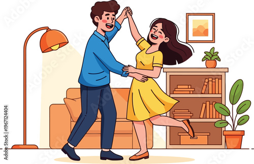 Joyful couple dancing at home, happy man and woman enjoying a romantic dance, vector illustration for lifestyle and relationship content