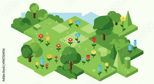 Isometric Garden Landscape with Colorful Flowers and Trees.