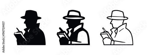 Detective Taking Notes Icon Set. Investigation and Report Writing Vector Illustration.