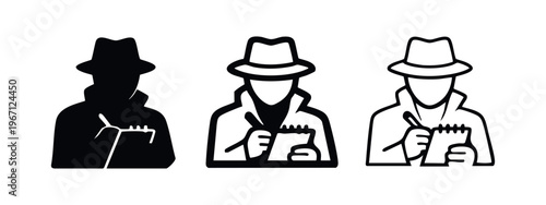Detective or Journalist Icon Set. Secret Agent Spy Writing Notes in Trench Coat and Fedora.