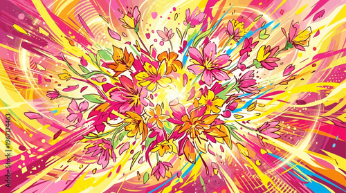 Explosive Burst of Vibrant Floral Energy Bursting Forth Radiantly Capturing Joyful Springtime Blossoms and Dynamic Celebration of Nature's Vivid Palette in a Surreal Artistic Presentation.
