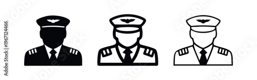 Airline Pilot Icon Set. Professional Aviator in Uniform with Captain's Hat and Epaulets.