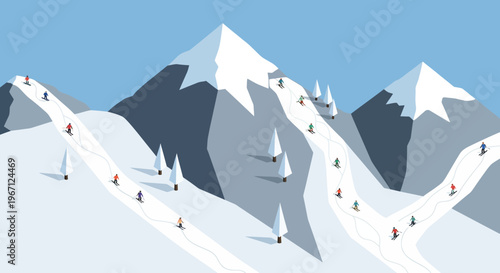 Ski resort with many skiers on snowy mountain slopes.