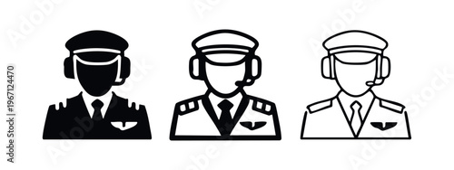 Air Traffic Controller or Pilot with Headset Icon Set. Aviation Communication Professional.
