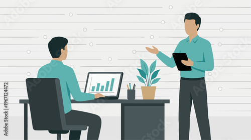 Business professionals analyzing data and discussing strategy in an office