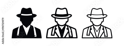 Classic Gentleman Icon Set. Detective or Gangster in Fedora Hat, Suit, and Suspenders.