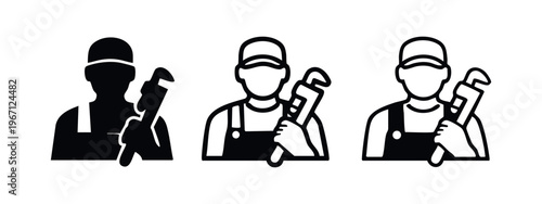 Plumber or Handyman Icon Set. Worker in Overalls and Cap Holding a Pipe Wrench.