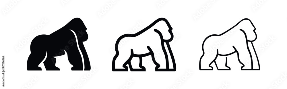 Obraz premium Gorilla symbol set. Black silhouette, bold and thin line art for a minimalist primate illustration.