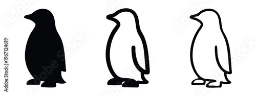 Penguin Icon Set. Antarctic Bird Symbol in Solid and Outline Styles.