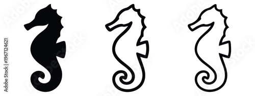 Seahorse Icon Set. Marine Animal Symbol in Solid and Outline Styles.