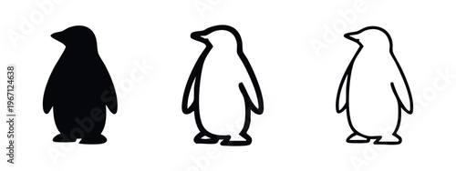 Penguin icon set. Black silhouette, bold and thin outline styles for a minimalist animal symbol.