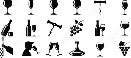 Wine tasting and production silhouette icons set. glass, bottle, grapes, corkscrew vector illustration