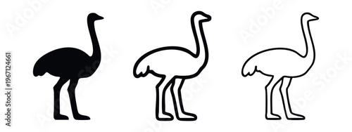Ostrich symbol set. Black silhouette, bold and thin line art for a minimalist bird illustration.