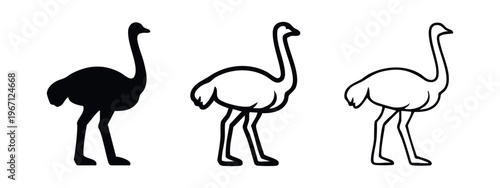 Ostrich icon set. Solid black silhouette, bold and thin outline styles for a minimalist bird symbol.