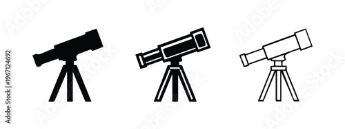 Telescope icon set. Astronomical equipment symbol in different styles. Science and observation tool on white background.