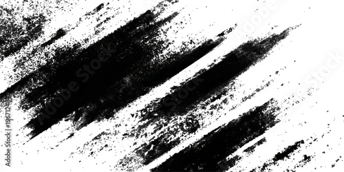 A vintage black and white grunge background featuring a rough paint texture with ink splash elements and an artistic brush stroke border design on a grungy vector illustration pattern