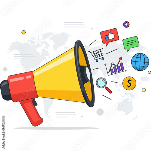 A colorful illustration of a megaphone broadcasting various social media icons and symbols.