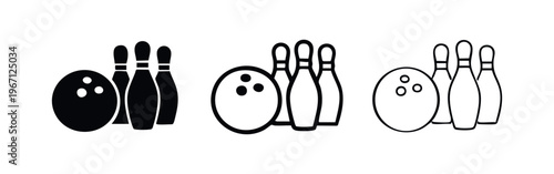 Bowling icon set. Stylized silhouette, thick, and thin outline versions of a bowling ball and pins.
