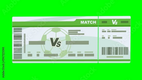 Animated soccer match ticket moving from left to right. Chroma key green screen with alpha channel. (loopable)