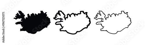 Iceland map icon set. Stylized silhouette, thick, and thin outline versions of the country.