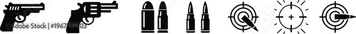 Gun pistol revolver bullet target icon set collection group in black flat and line style vector illustration, shooting aim crosshair ammunition symbol pack, weapon firearm design bundle