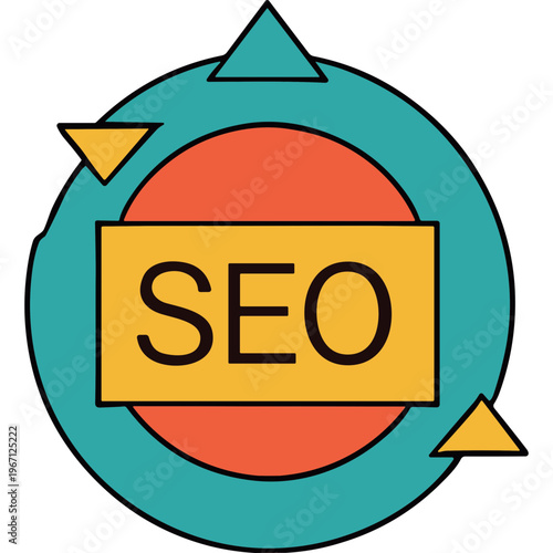 An illustration of SEO optimization concept with geometric shapes and text
