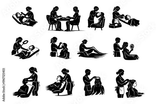 Silhouette illustrations of women receiving various beauty and spa treatments.
