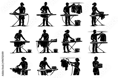 Silhouette illustrations of females ironing and folding laundry.