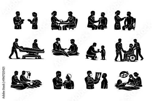 Silhouette illustrations of medical professionals assisting patients in various situations.