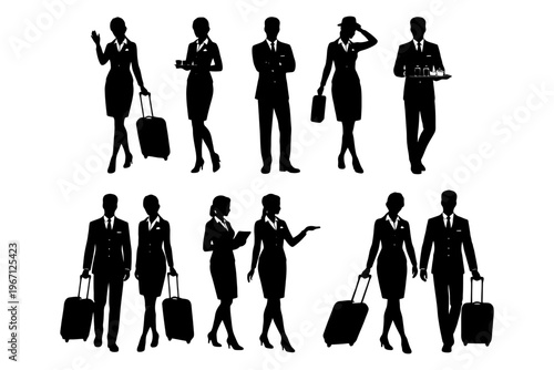 Silhouettes of male and female professionals with luggage in various poses.