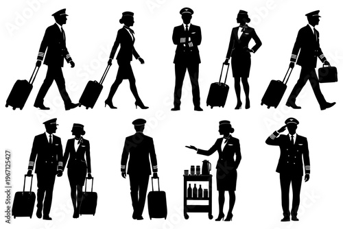 Silhouettes of pilots and flight attendants in uniforms with luggage.