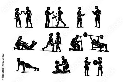 Male and female trainers assisting with diverse exercise routines in fitness studio.