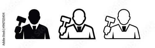 Auctioneer or judge icon set with gavel in hand.