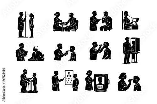 Medical checkup silhouettes featuring diverse healthcare procedures and doctor-patient interactions.