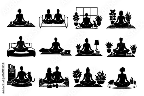 Silhouette meditation: diverse indoor yoga poses with plants and pets.