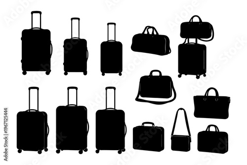 Silhouette collection of various travel bags and suitcases.
