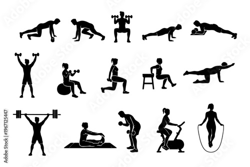 Silhouette workouts: diverse exercise poses and fitness activities.