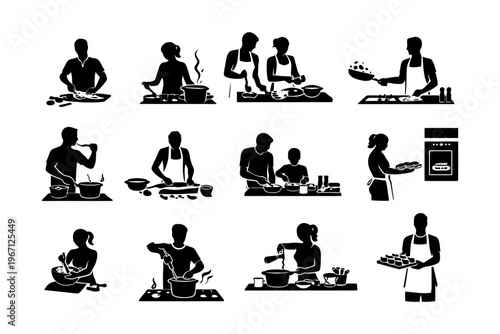 Silhouette cooking scenes: men and women of diverse ages engaged in culinary activities.