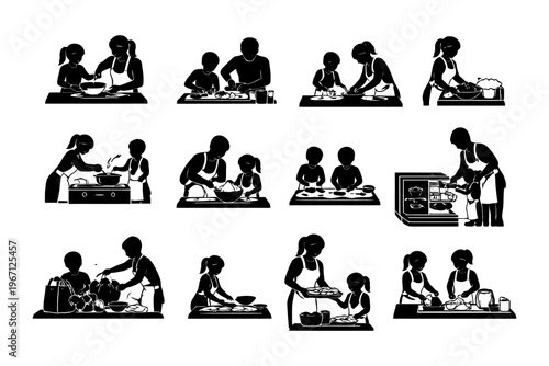 Silhouette of diverse families cooking together in various kitchen activities.