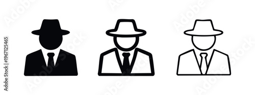 Detective Spy Man Icon Set. Gentleman in Fedora Hat Symbol. Secret Agent Avatar Icons.