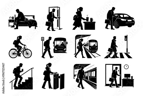 Silhouettes of diverse adults commuting to work via various transport modes.