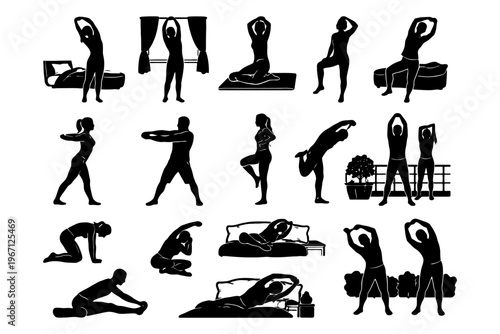 Silhouetted figures performing various yoga poses and exercises.