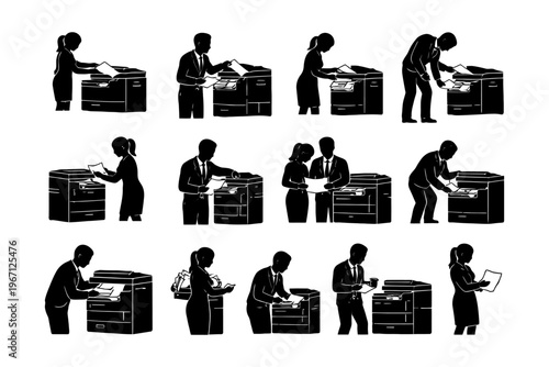 Silhouettes of diverse office workers using printers and copiers.